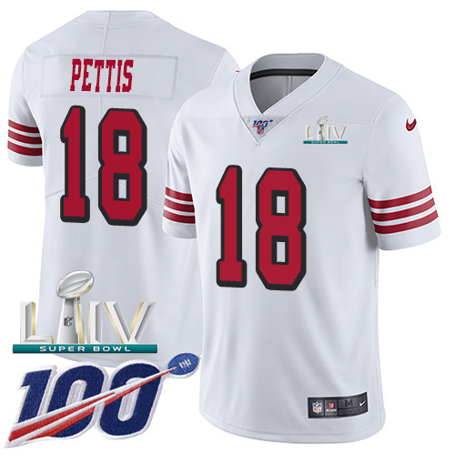 San Francisco 49ers Nike #18 Dante Pettis White Super Bowl LIV 2020 Rush Men Stitched NFL Limited 100th Season Jersey->women nfl jersey->Women Jersey